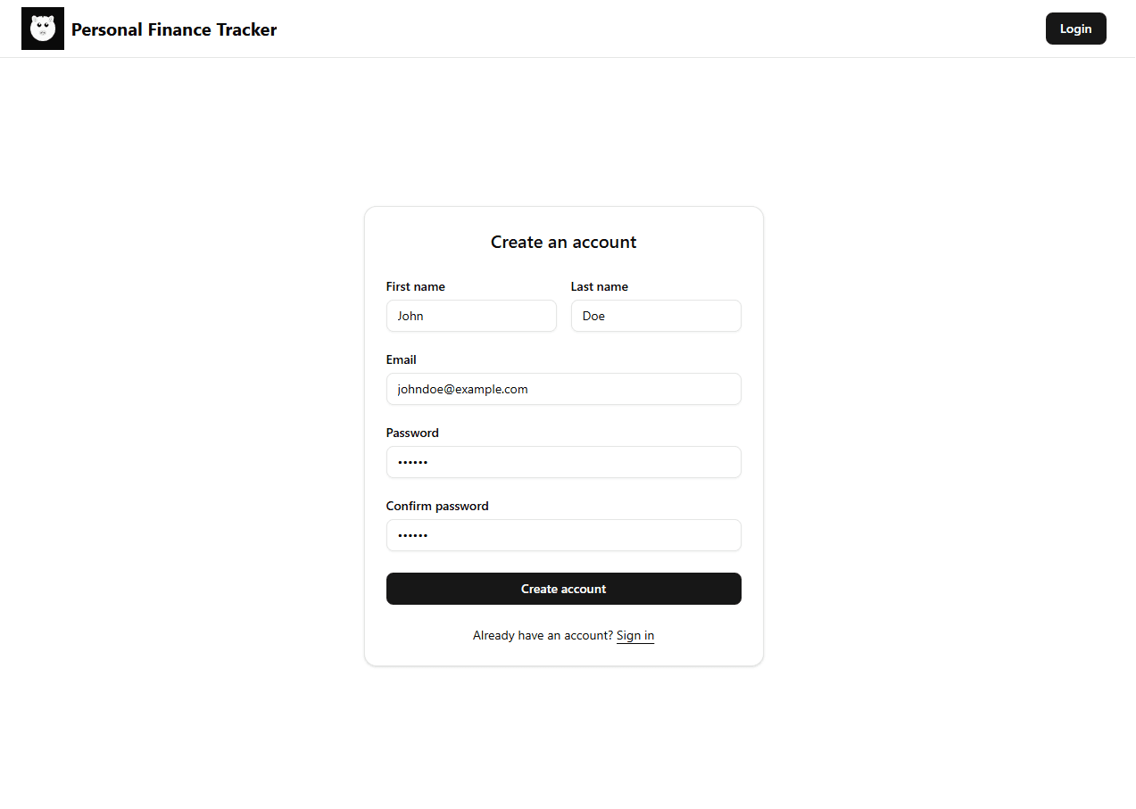 Registration form showing email, password, and name fields