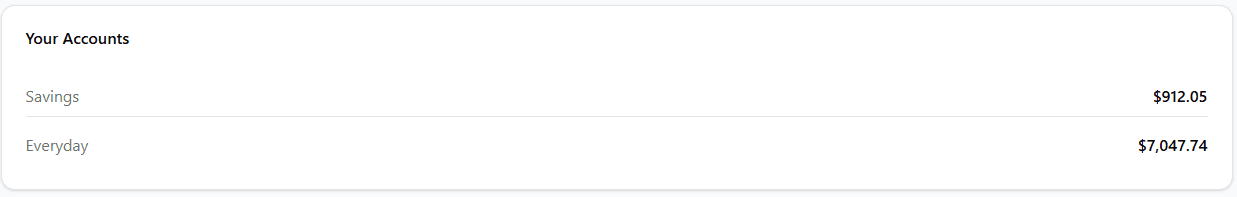 List of accounts showing names, types, and current balances