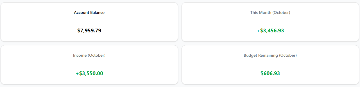 Financial summary showing total balance, monthly income, and monthly expenses